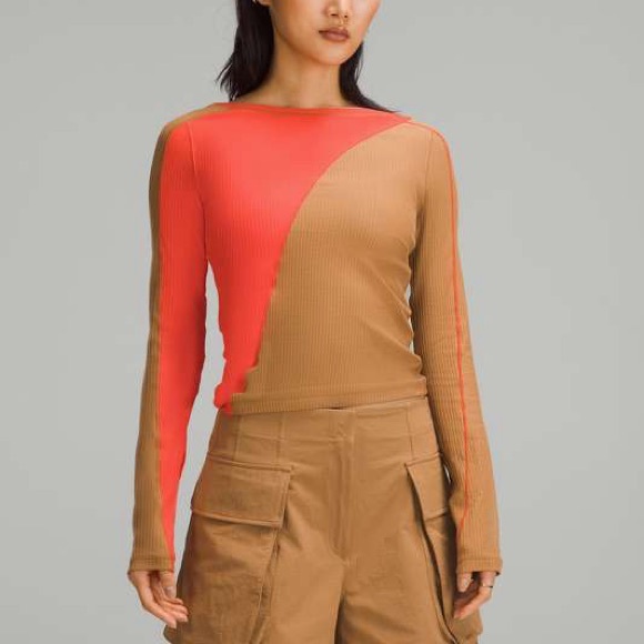lululemon athletica Tops - Lululemon Asymmetrical Ribbed Cotton Long-Sleeve Shirt 4 6 Beige Solar Orange S